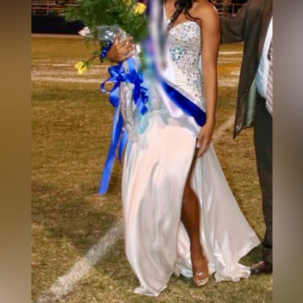 Sherri Hill Elegant White Pageant Gown w/ Large Blue & Clear Rhinestones - Picture 16 of 17